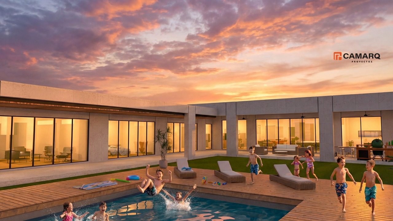 Render de residencia con alberca al atardecer